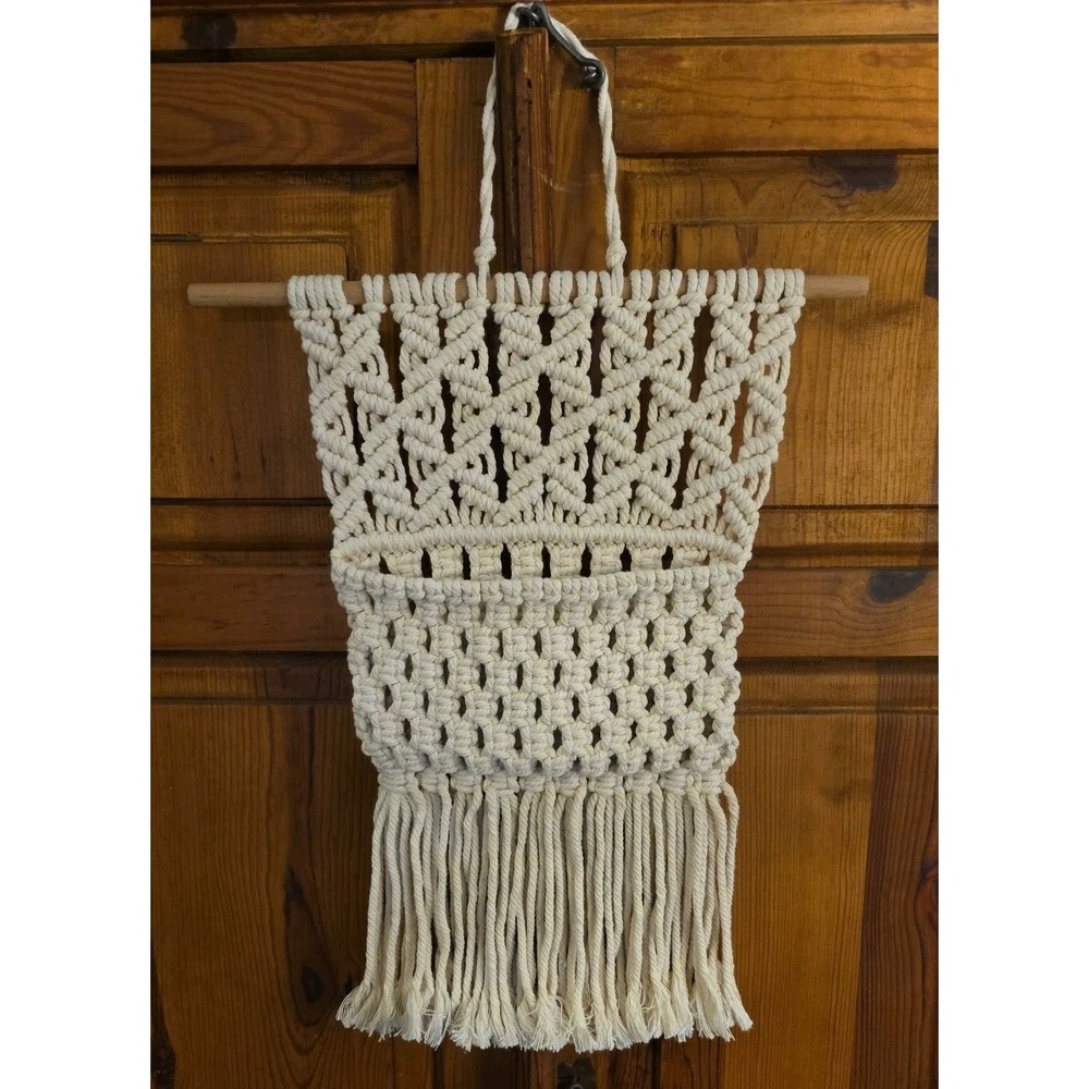 Vintage Boho Macrame Wall Hanging with Pocket Woven Mail Organizer Cream Cottage